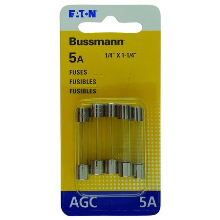 Eaton Bussmann Glass Fuse, AGC Series, Fast-Acting, 5A, 250V AC, 10kA at 125V AC, 200A at 250V AC, 5 PK BP/AGC-5-RP